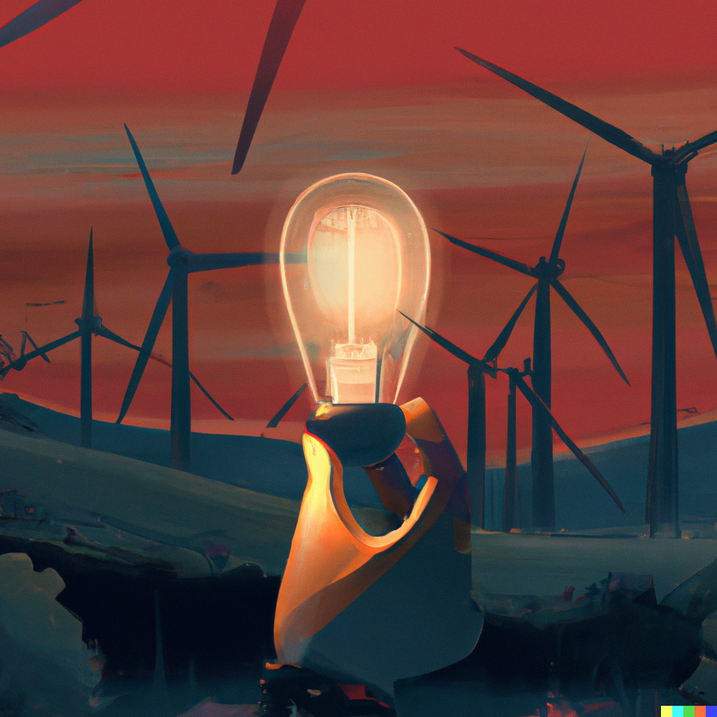 Person holding a light bulb in front of a wind park